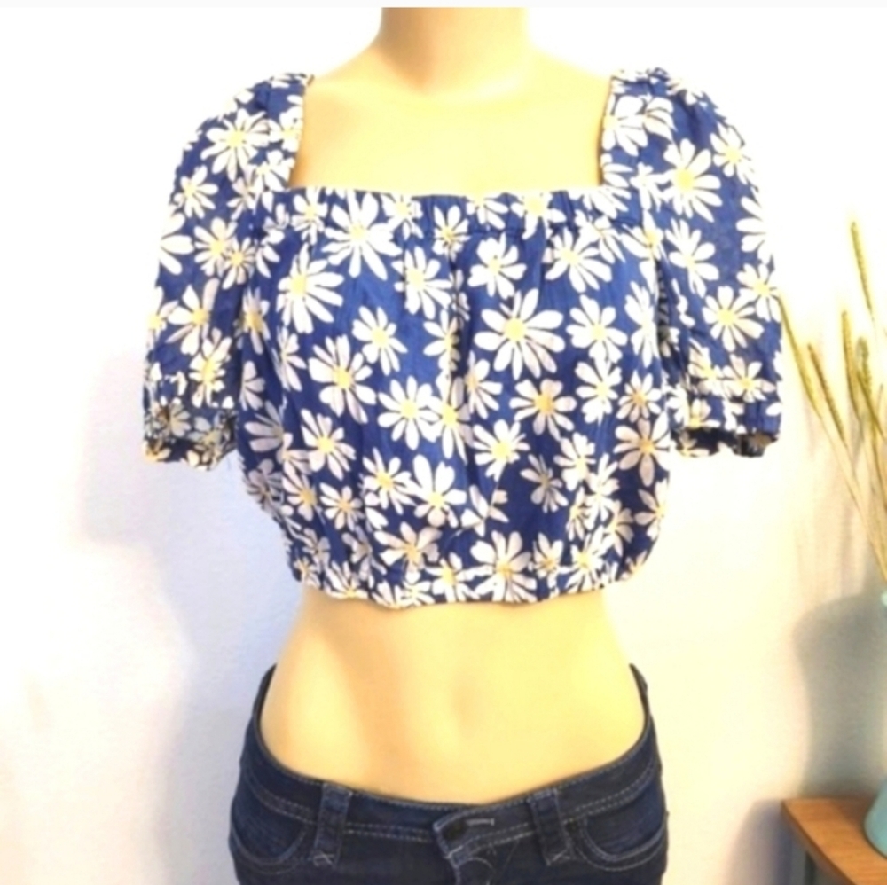 American Eagle Outfitters Blue Daisy Puff Sleeve Crop Top